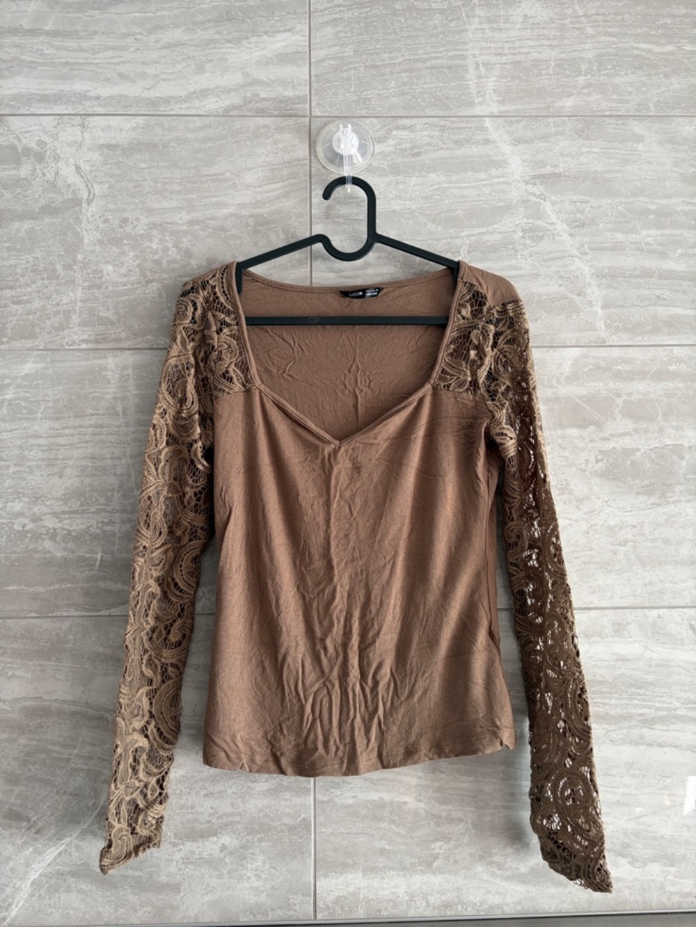 Olive Brown Lace-Sleeve V-Neck Women's Top